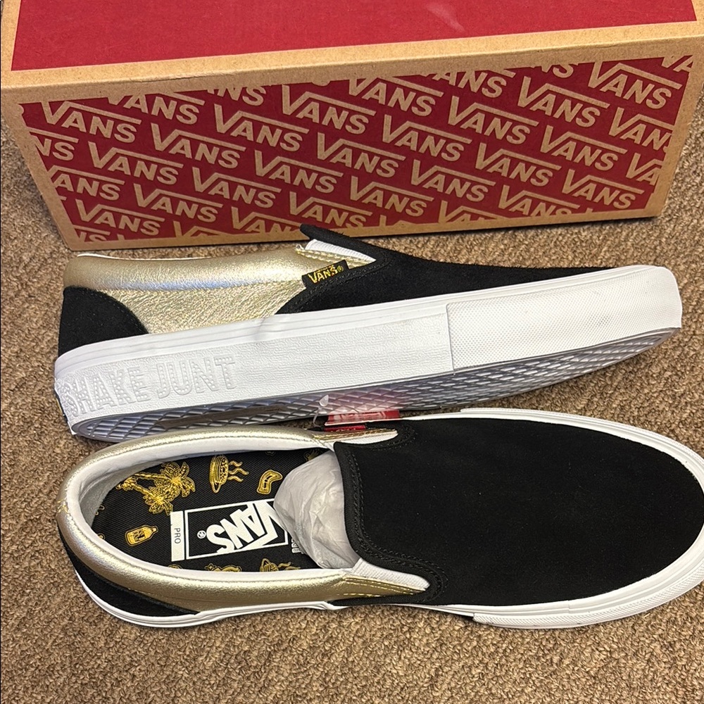 Vans Black and Gold Slip-On Sneakers